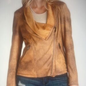 ELAN Faux Distressed Leather Asymetrical Zipper Jacket Caramel Brown Womens M